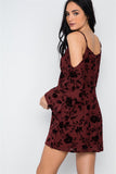 Wine Burnout Velvet Cold Shoulder Tiered Bell Sleeve Mini Dress