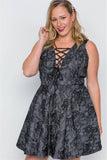 Black Lace Print Lace Up Skater Dress