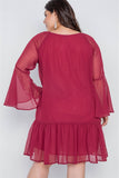 Bell Sleeves Mesh Dress in burgundy