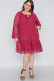 Bell Sleeves Mesh Dress in burgundy