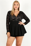 Duo Fabric Romper With Lace Detail, Peplum Bodice, And V-neckline