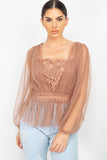 Sheer Mesh Peplum Top in coffee beige