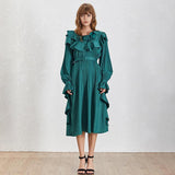 Pleated ruffled midi dress in wave green