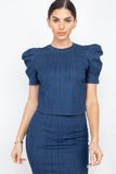 Dark blue puff sleeve top w skirt set