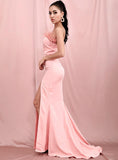 KARINA Feather Trim Slit Gown in Pink