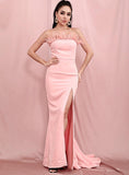 KARINA Feather Trim Slit Gown in Pink