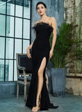 KARINA Feather Trim Slit Gown in Black