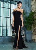 KARINA Feather Trim Slit Gown in Black