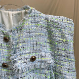 Mint blue tasseled tweed jacket-blazer-Primetime-Looks