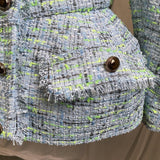 Mint blue tasseled tweed jacket-blazer-Primetime-Looks