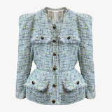 Mint blue tasseled tweed jacket-blazer-Primetime-Looks