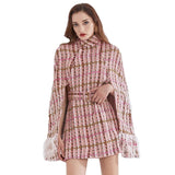 Plaid belted featherly cape dress