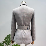 Primetime Looks-Plaid belted long blazer