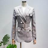 Primetime Looks-Plaid belted long blazer