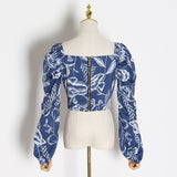 Lantern-sleeve floral blue top