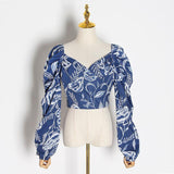 Lantern-sleeve floral blue top