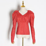 Polka Dot Ruched V Neck Puff Sleeve Shirt