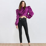 Turtleneck satin blouse in purple