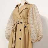 Lantern sleeve polka dot trench coat in beige