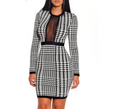 LONG-SLEEVE PLAID MINI DRESS WITH MESH NECKLINE